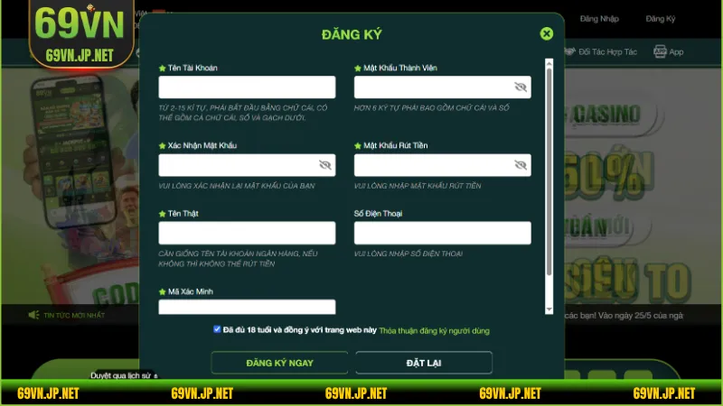 Người chơi có thể dễ dàng tạo tài khoản trên trang web của 69VN